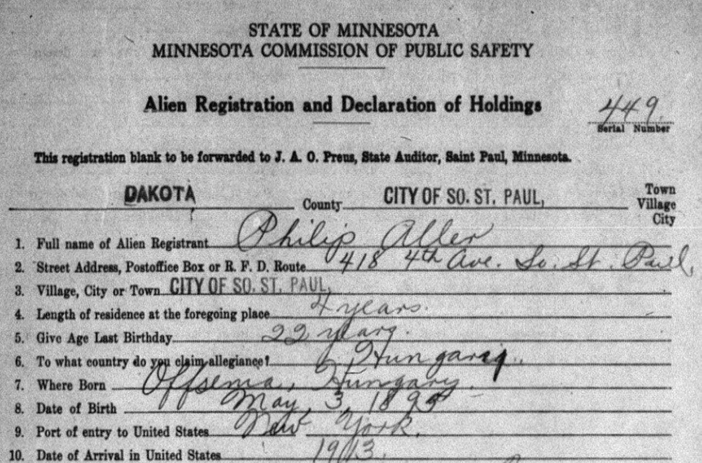 1918 Alien Registration Record Search Request